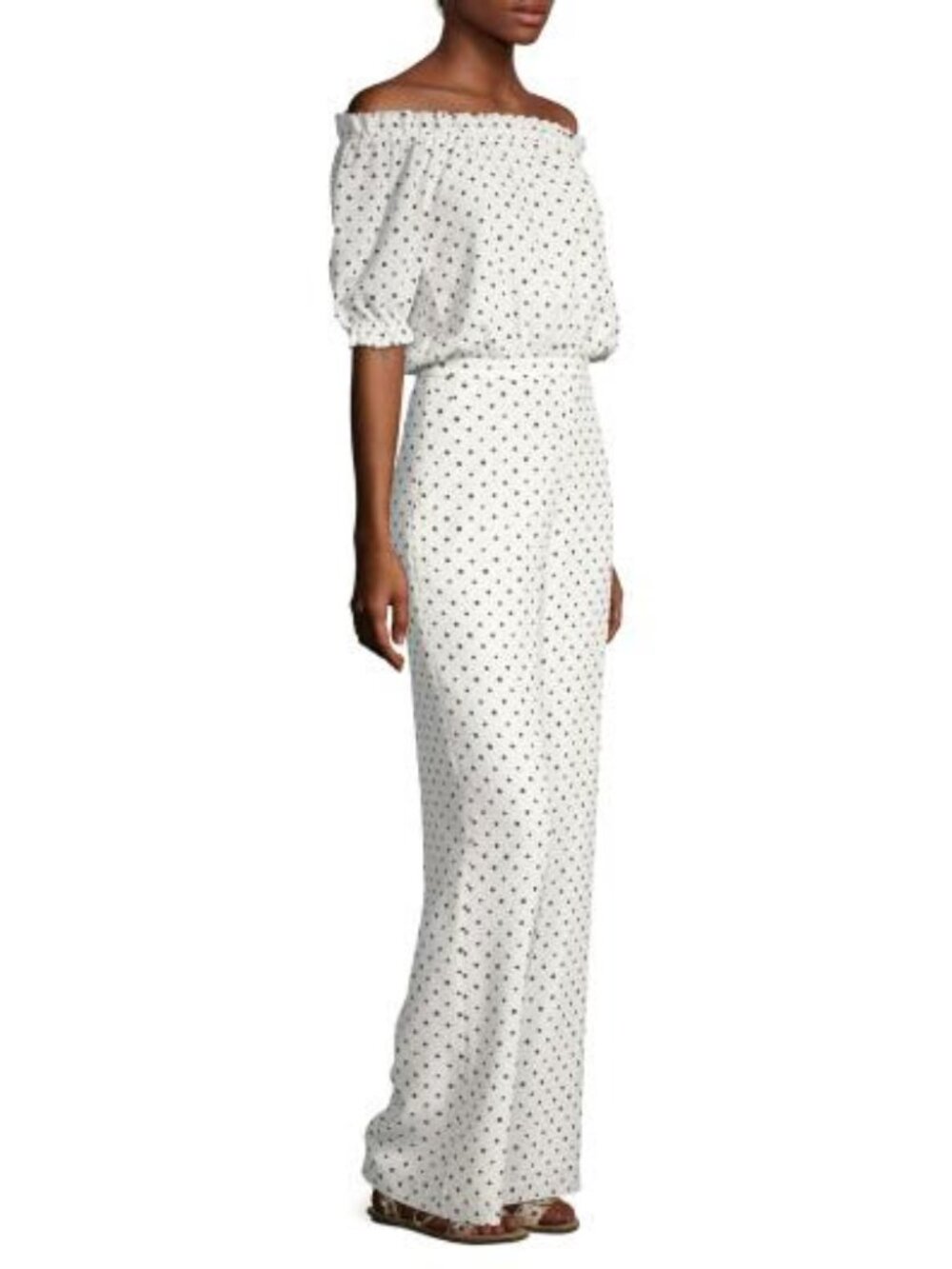 SALONI Juli off-the-shoulder printed polka dot silk wide-leg jumpsuit US 8